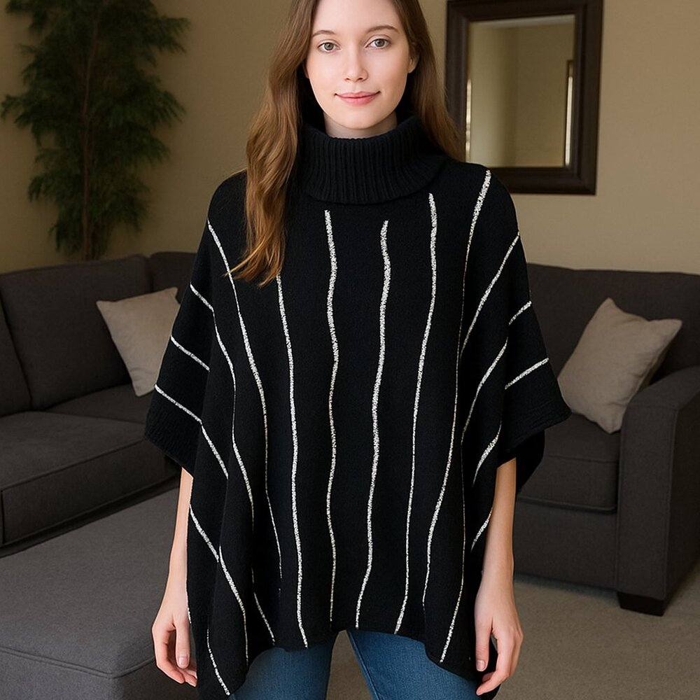 New Notations black / silver striped knit poncho sz XL